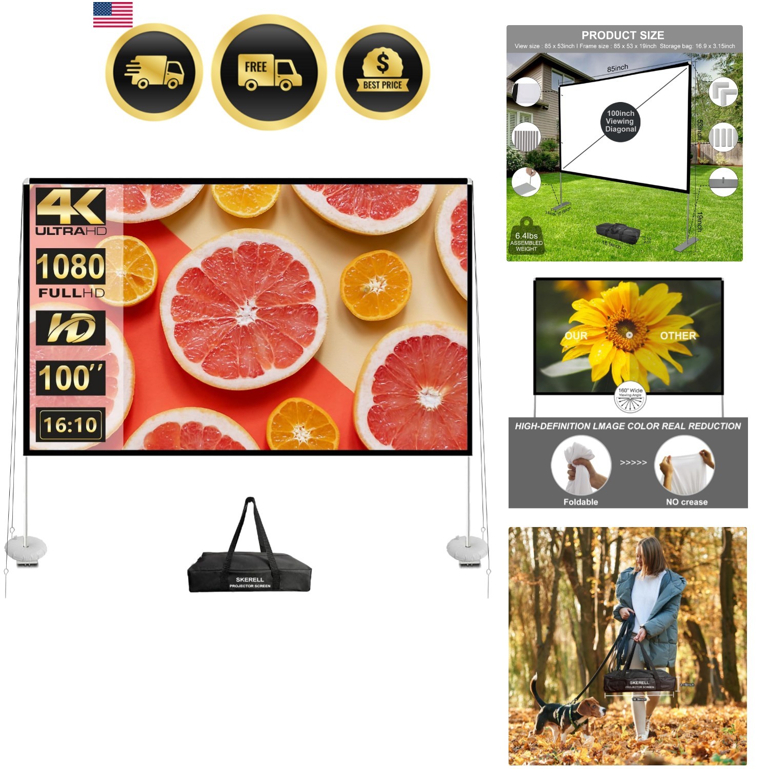 Outdoor Projector Screen 100 Inch Portable 4K HD Screen with Stand