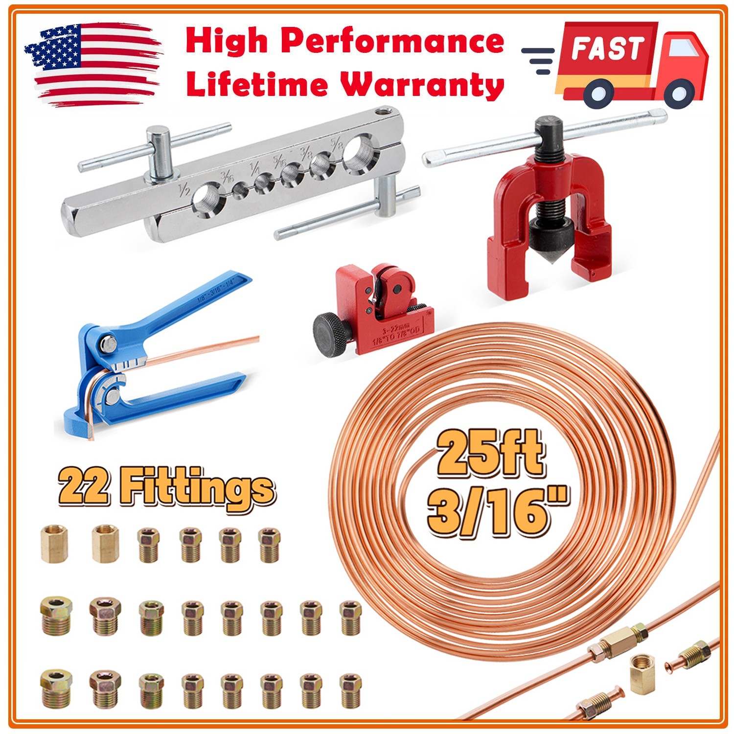 25Ft 3/16" Copper-Coated Brake Line Repair Kit W/ 16 Fittings, 2 Union and 4 Nut