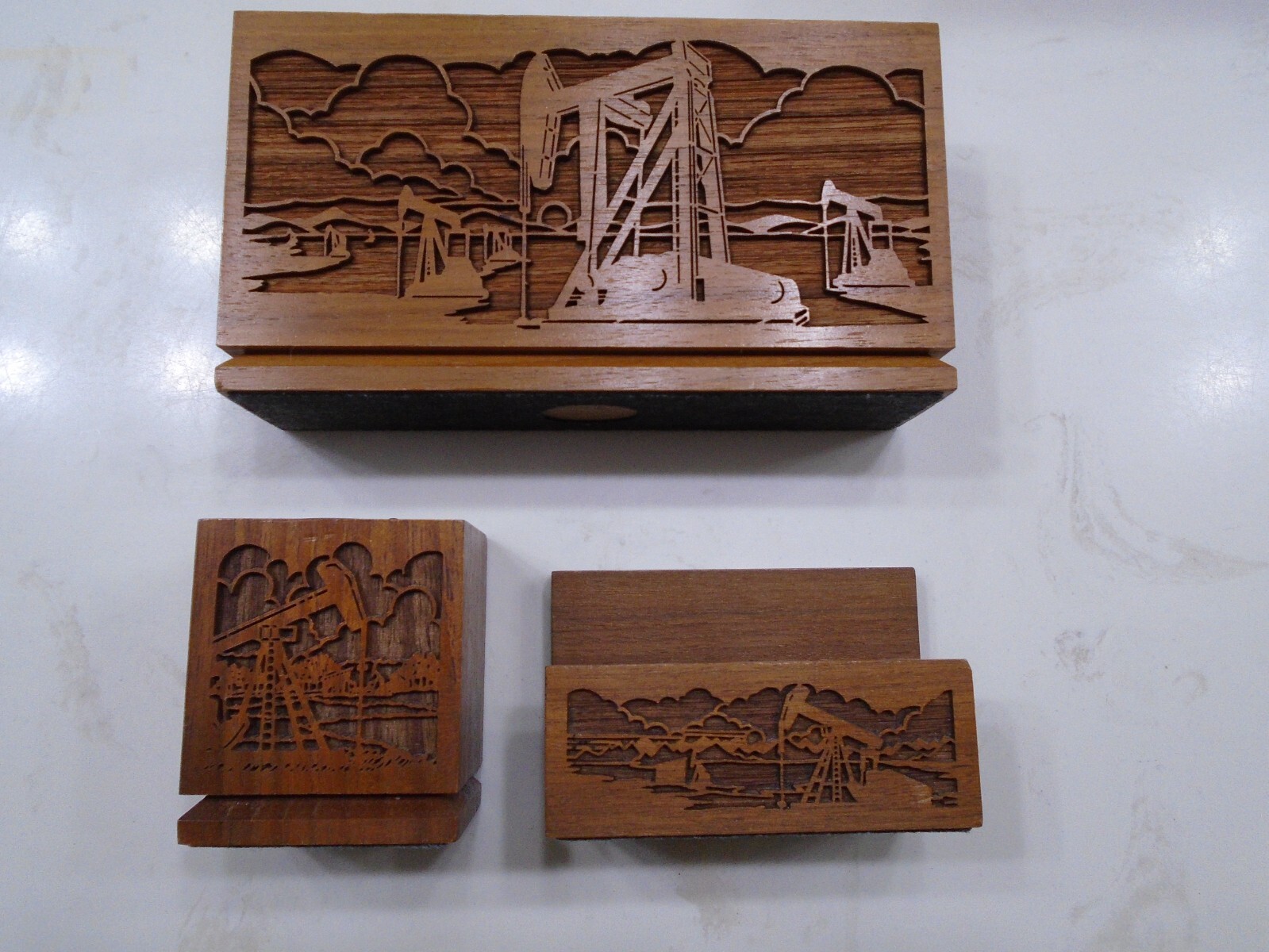 OIL PATCH Laser Engraved Desktop Organizers 3 Piece Set. Cut From Solid Walnut.