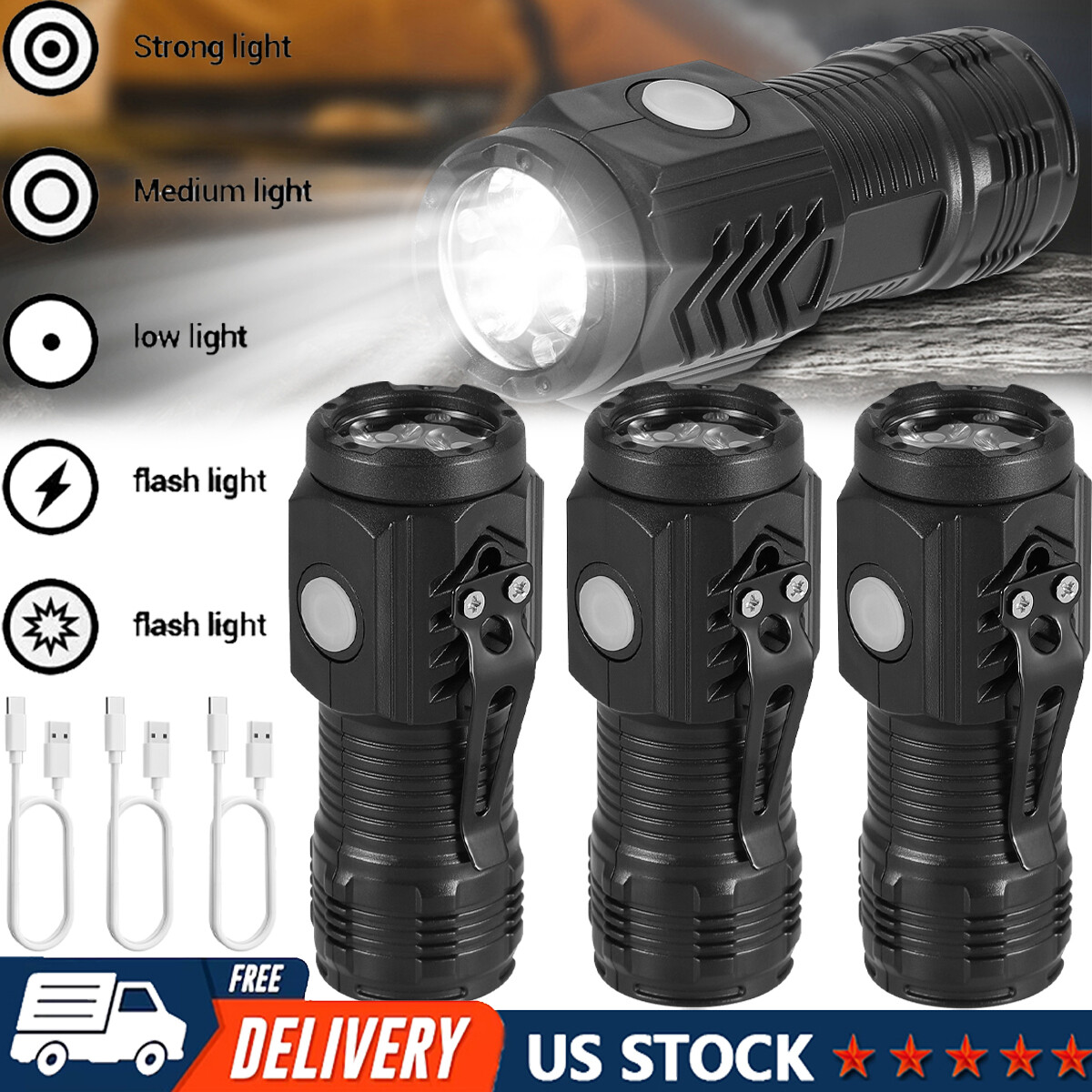 1-3X Tactical Flashlight Mini LED Torch Work Light Super Bright USB Rechargeable