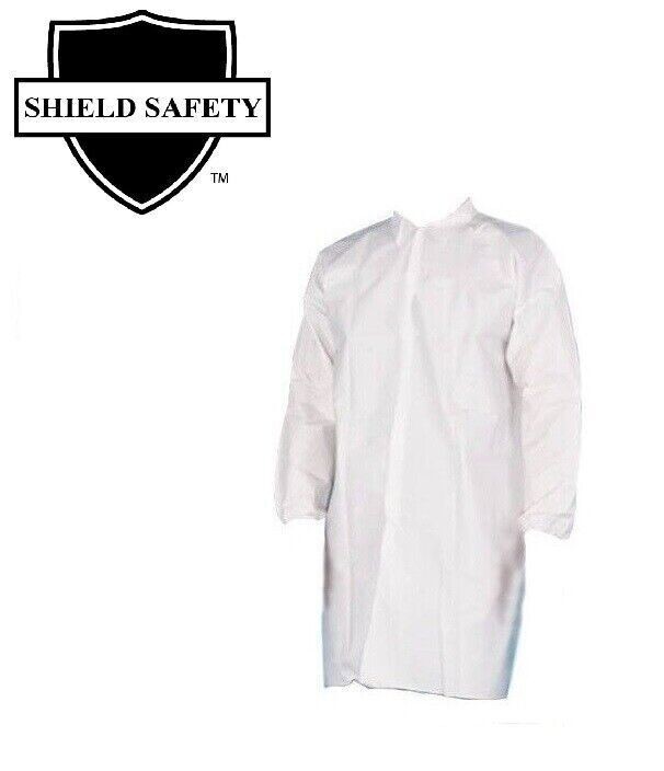 50 Pieces Polypropylene 30G Lab Coats, White, Elastic Wrists, 4 Snaps - Medium