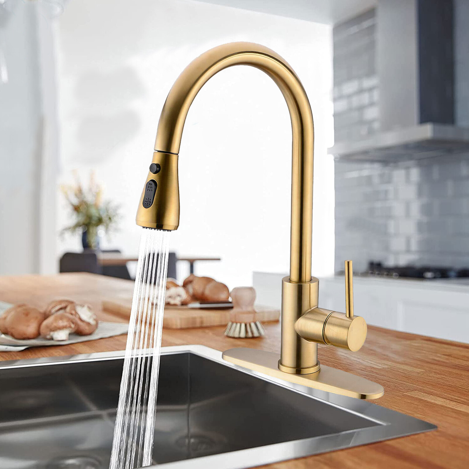 Kitchen Sink Faucet Brushed Gold Pull Down Sprayer Single Handle Mixer w/Cover