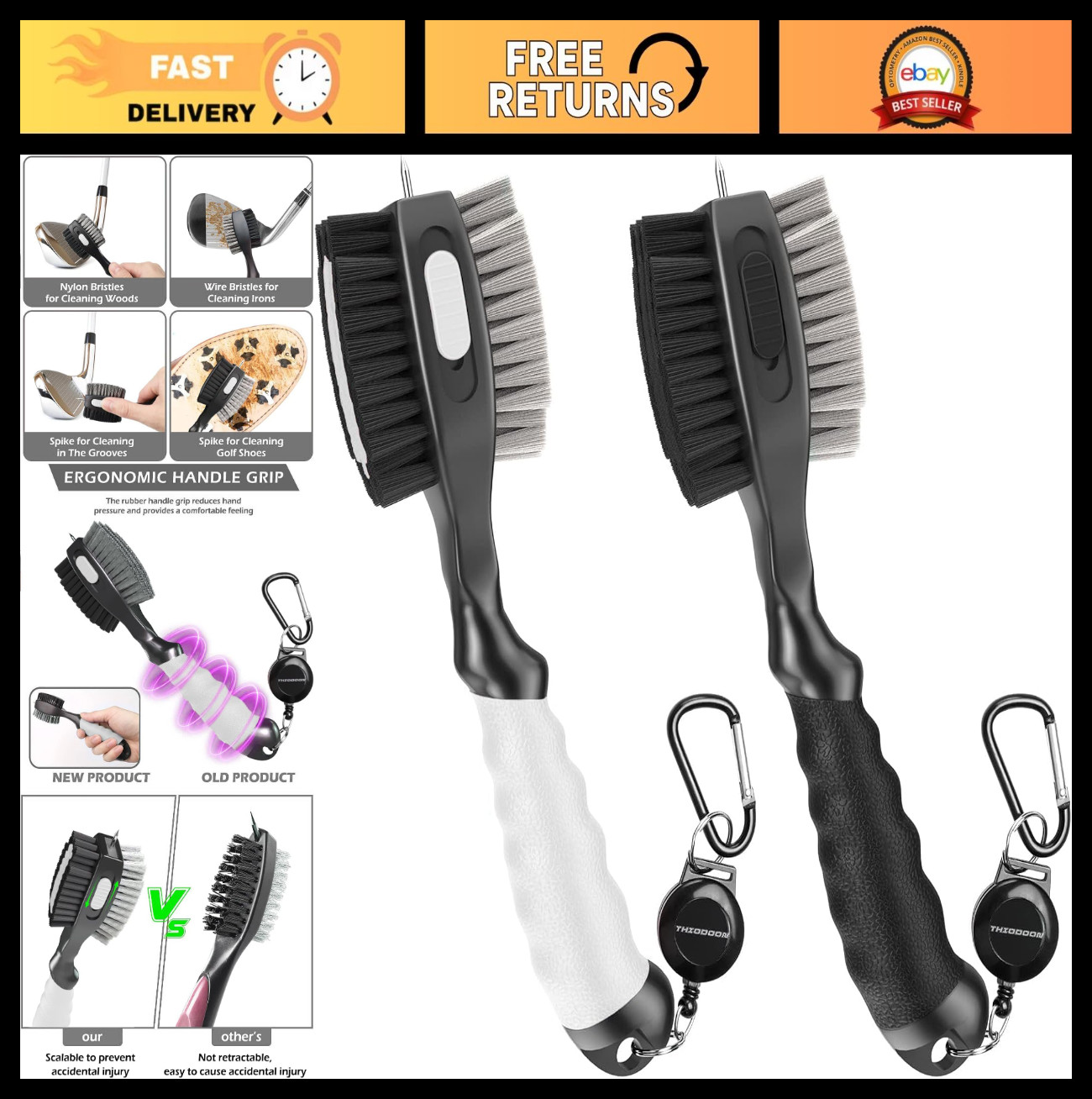 2 Pack Golf Club Brushes with Retractable Zipline & Carabiner - Groove Cleaner,