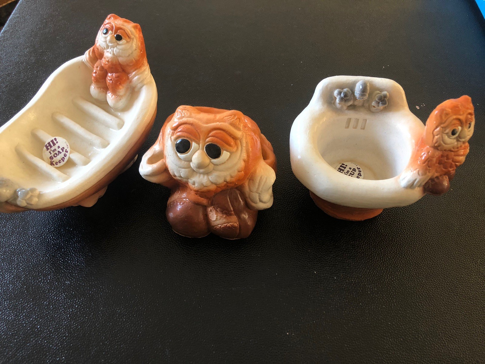 Vintage 70s Owl Toothbrush Holder Caddy Soap Dish Cup Holder Set Bathroom Decor