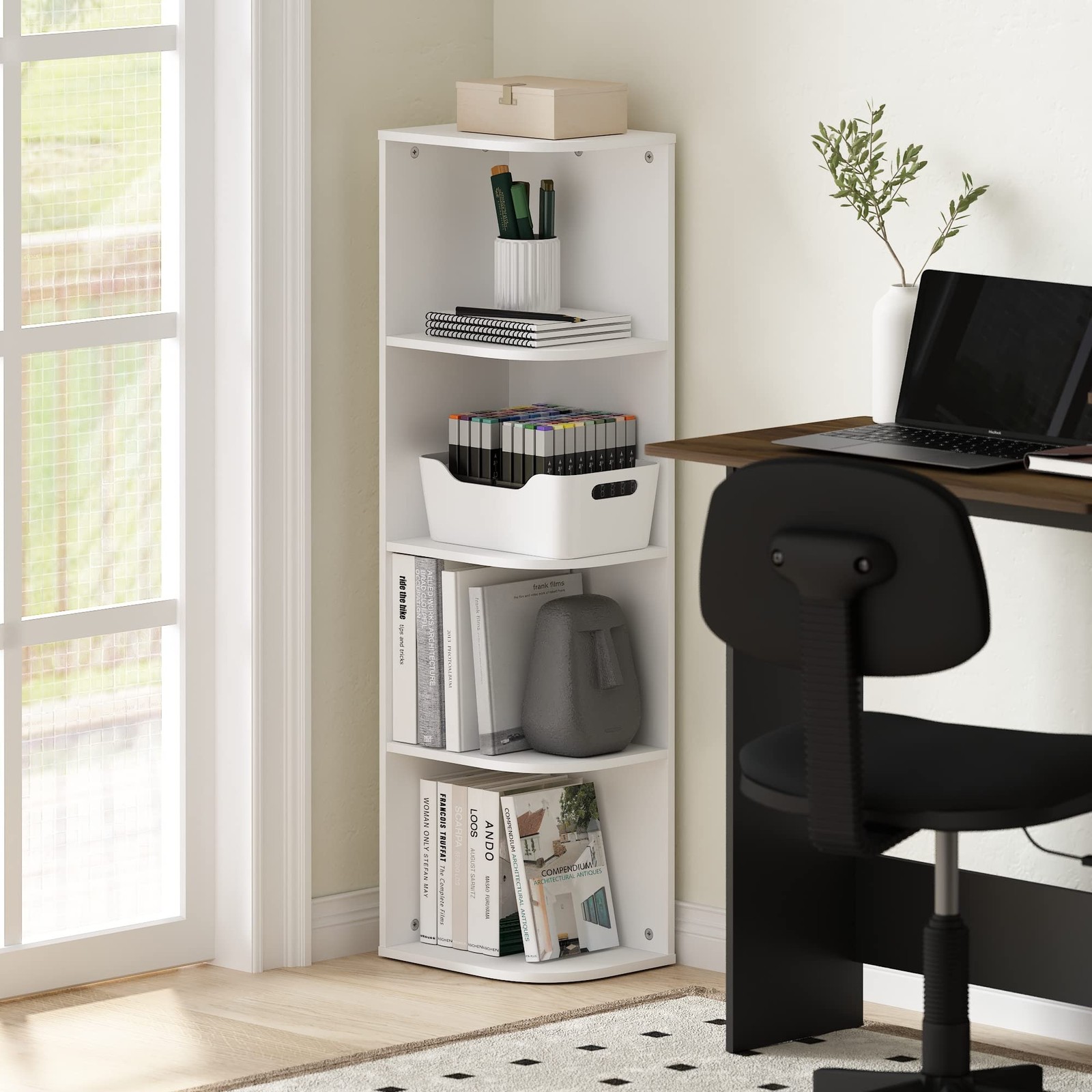 Maximize Corner Space - 4 Tier White Bookcase Shelf Unit