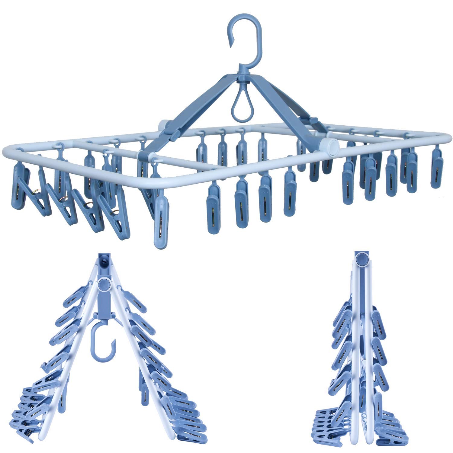 Foldable Clip Hangers Blue with 32Pcs Drying Clips Wind-Proof Hook for Underw...