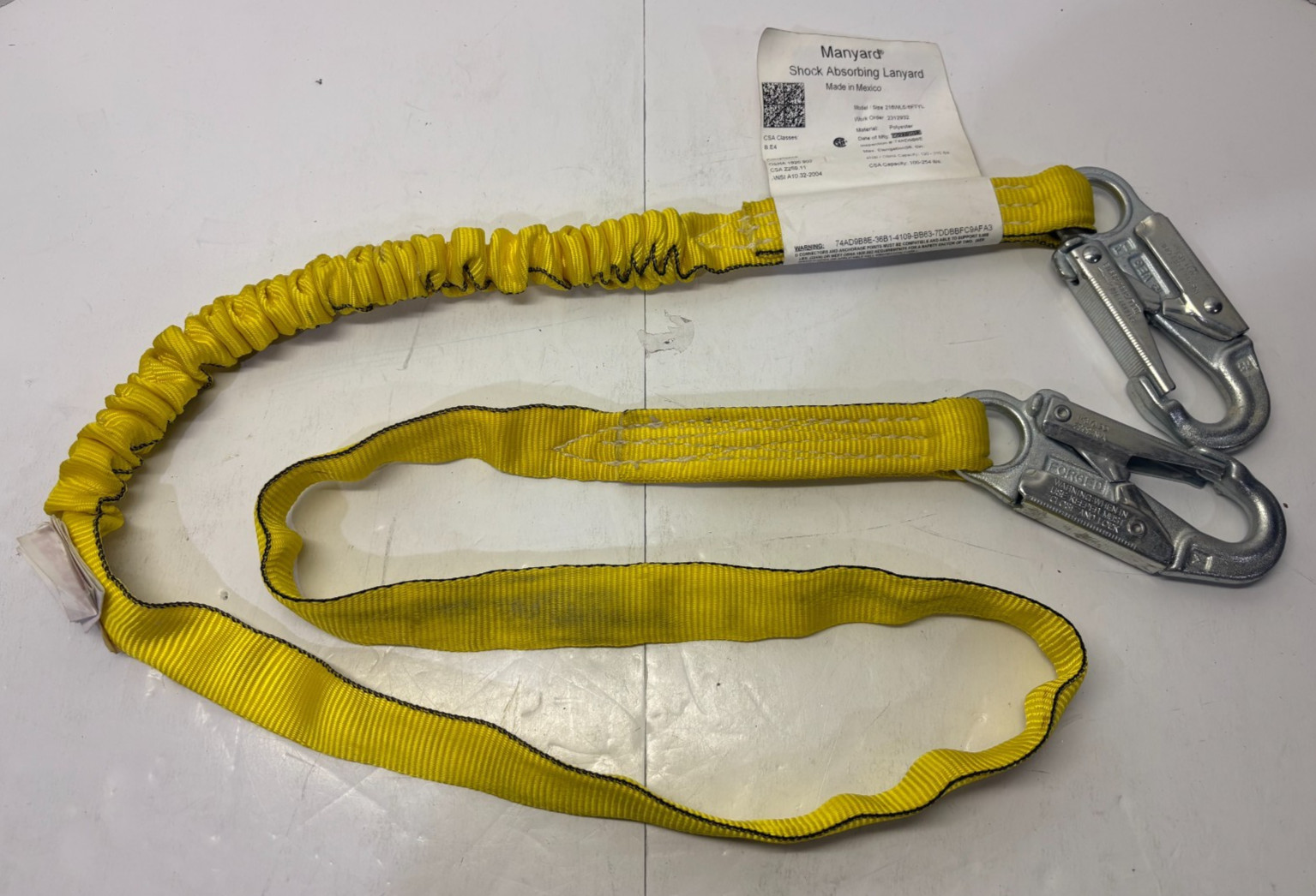Manyard Safety Lanyard 6' Internal Shock-Absorbing w/ Snap Hook- 216WLS/6FTYL