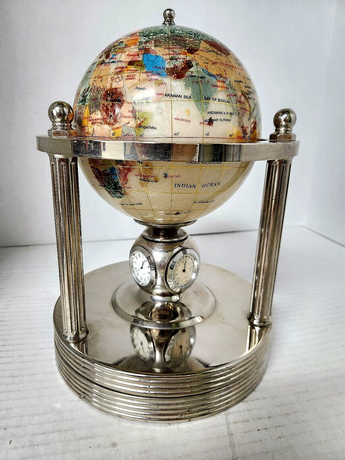MOTHER OF PEARL GEMSTONE WORLD GLOBE GLIDE ROTATION STAINLESS STEEL BASE w/CLOCK