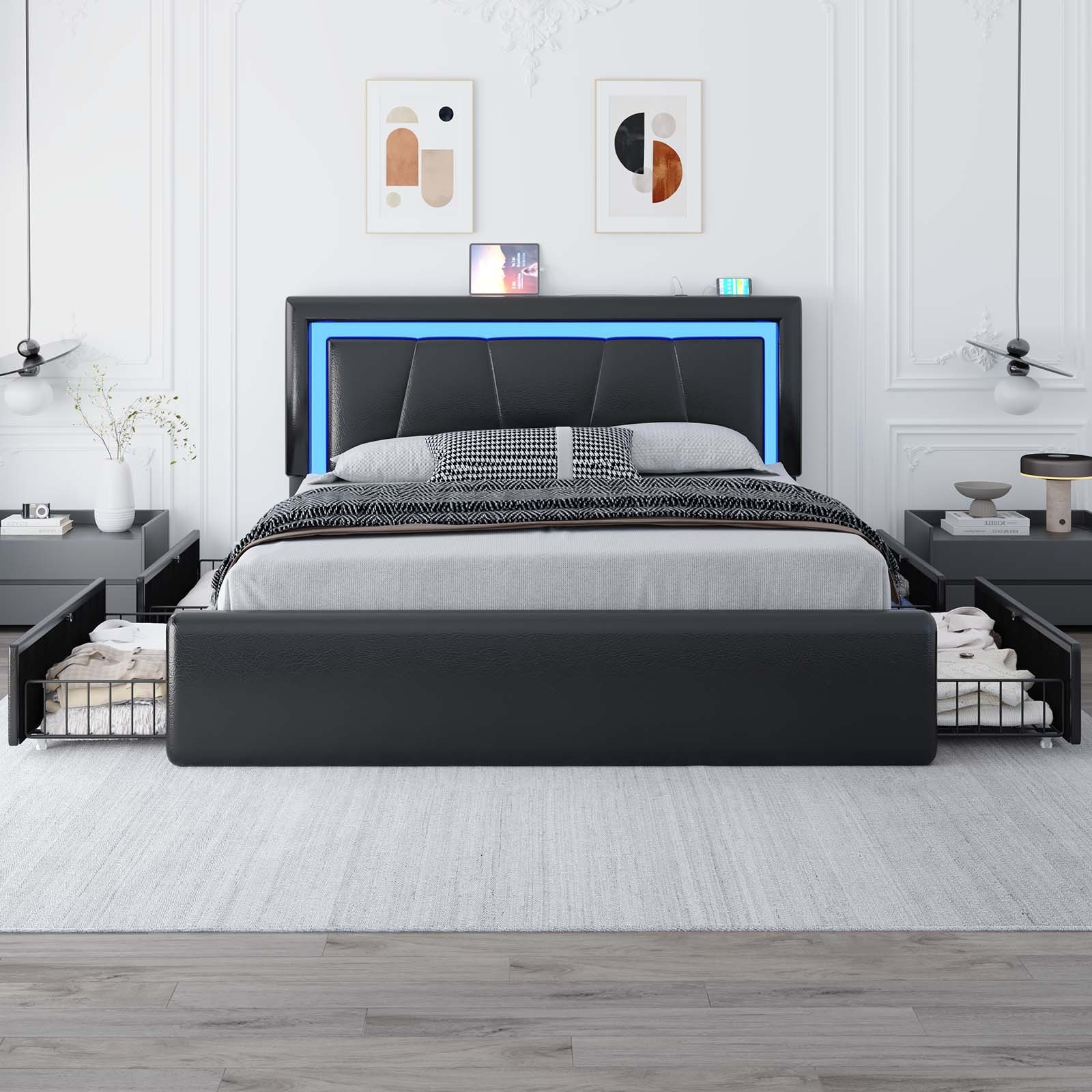 Full/Queen Bed Frame with  Upholstered LED Headboard＆4 Storage Drawer, Charging