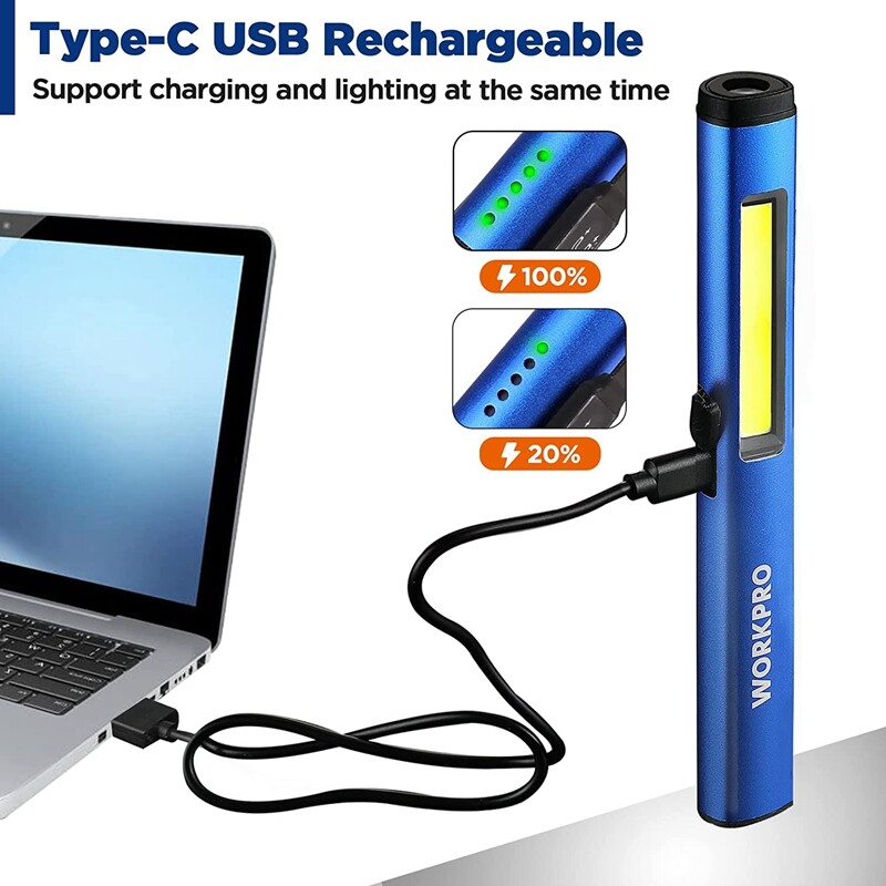 WORKPRO USB Rechargable Pocket Pen Light LED Flashlight UV Black Light 450 Lumen