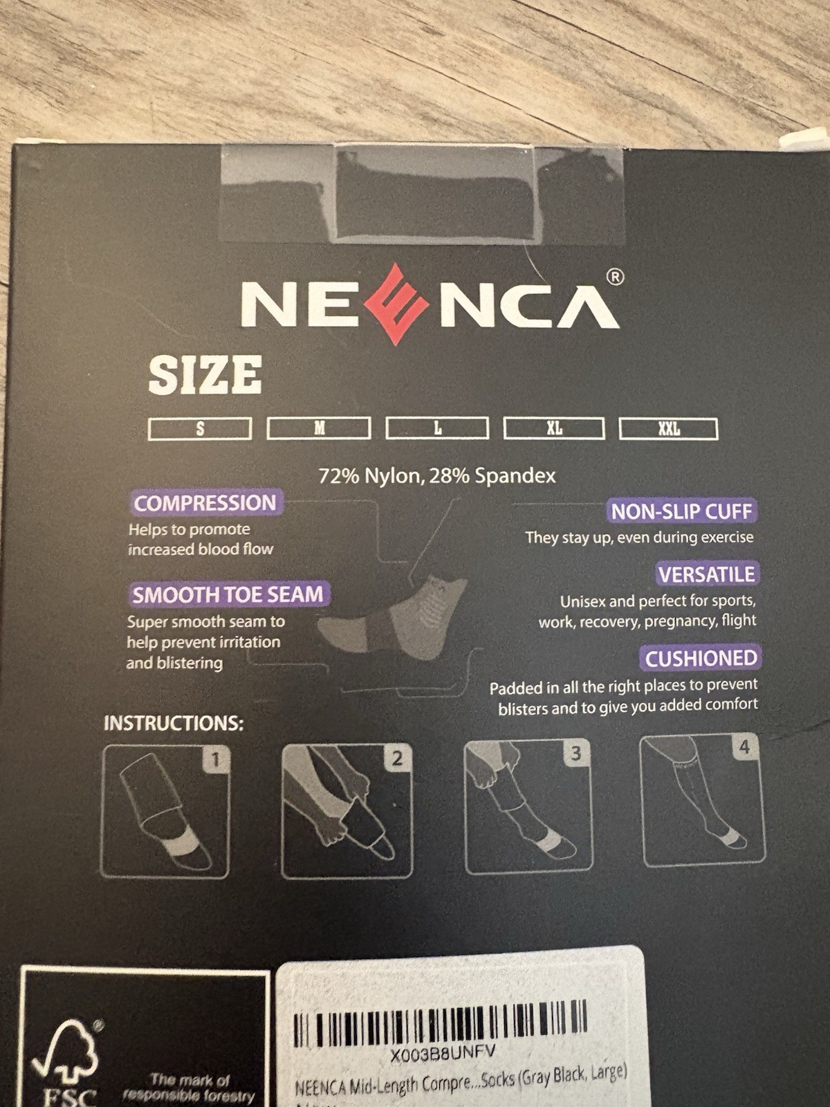 NEENCA Cushioned Compression Socks Gray/Black Non-Slip Cuff Nylon/Spandex 1 Pair