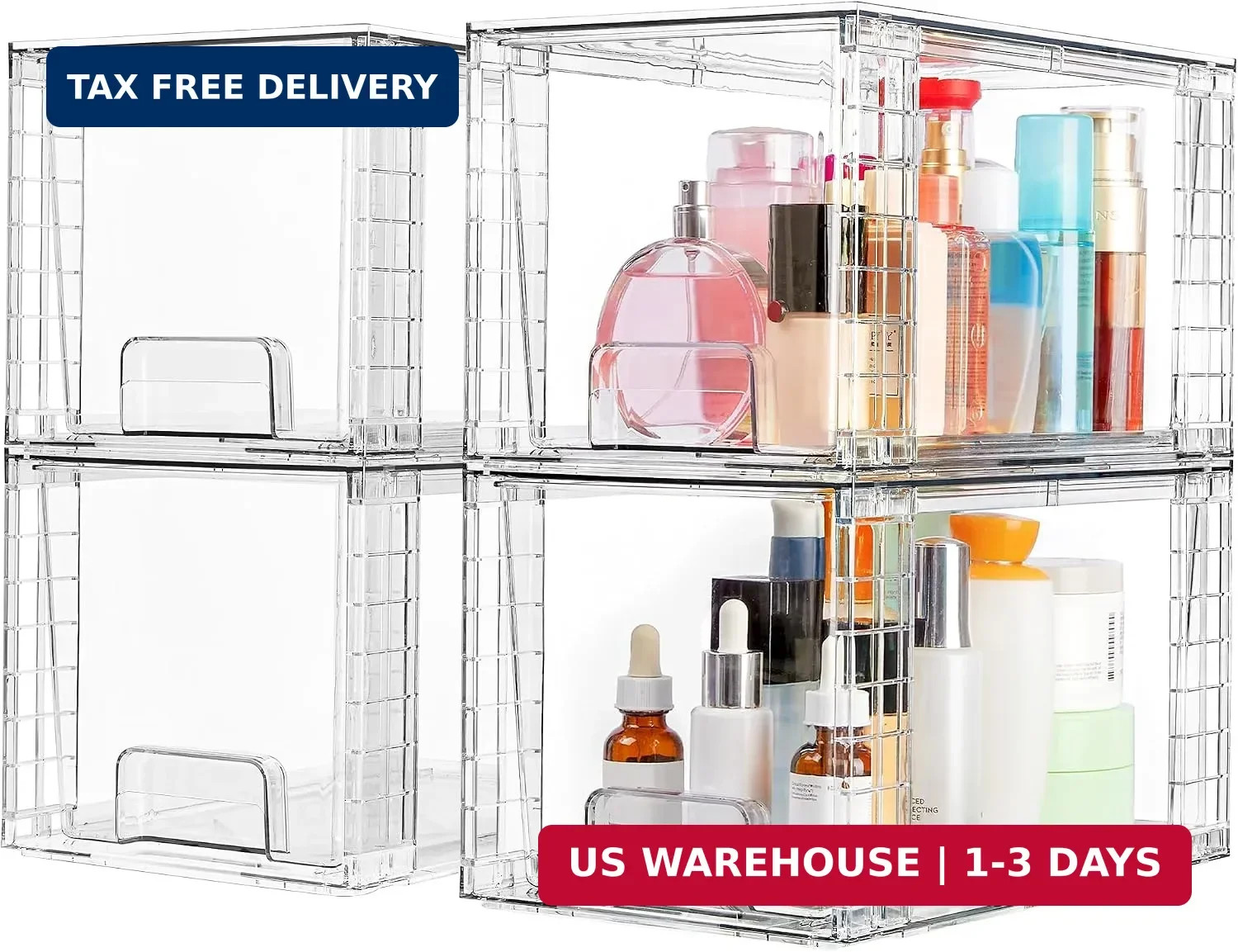 Vtopmart 4 Pack Large Stackable Storage Drawers, Clear | Easily Assemble Bathroo