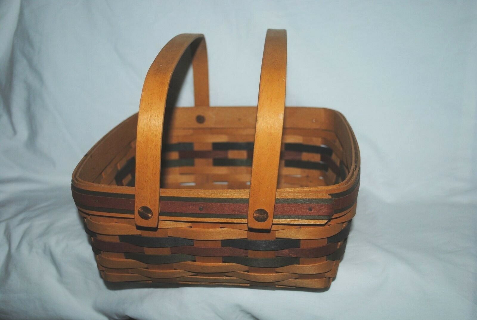 Longaberger basket, green and red bands, 2 handles