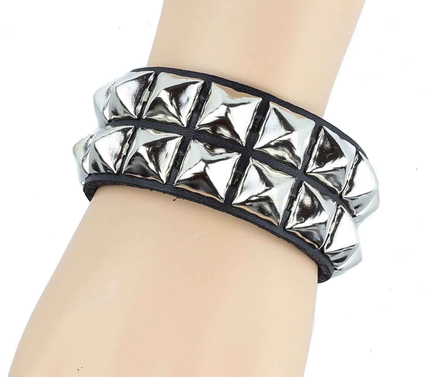 Double Row Silver Pyramid Stud Leather Bracelet Punk Gothic Thrash Metal