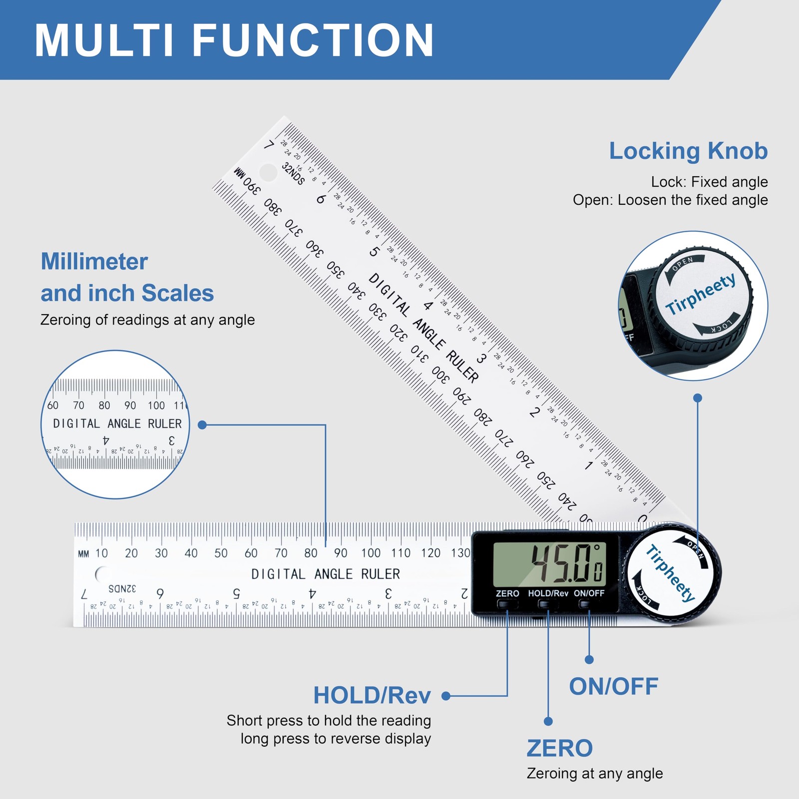 Tirpheety Digital Angle Finder Protractor, 3rd Generation Quick Display White