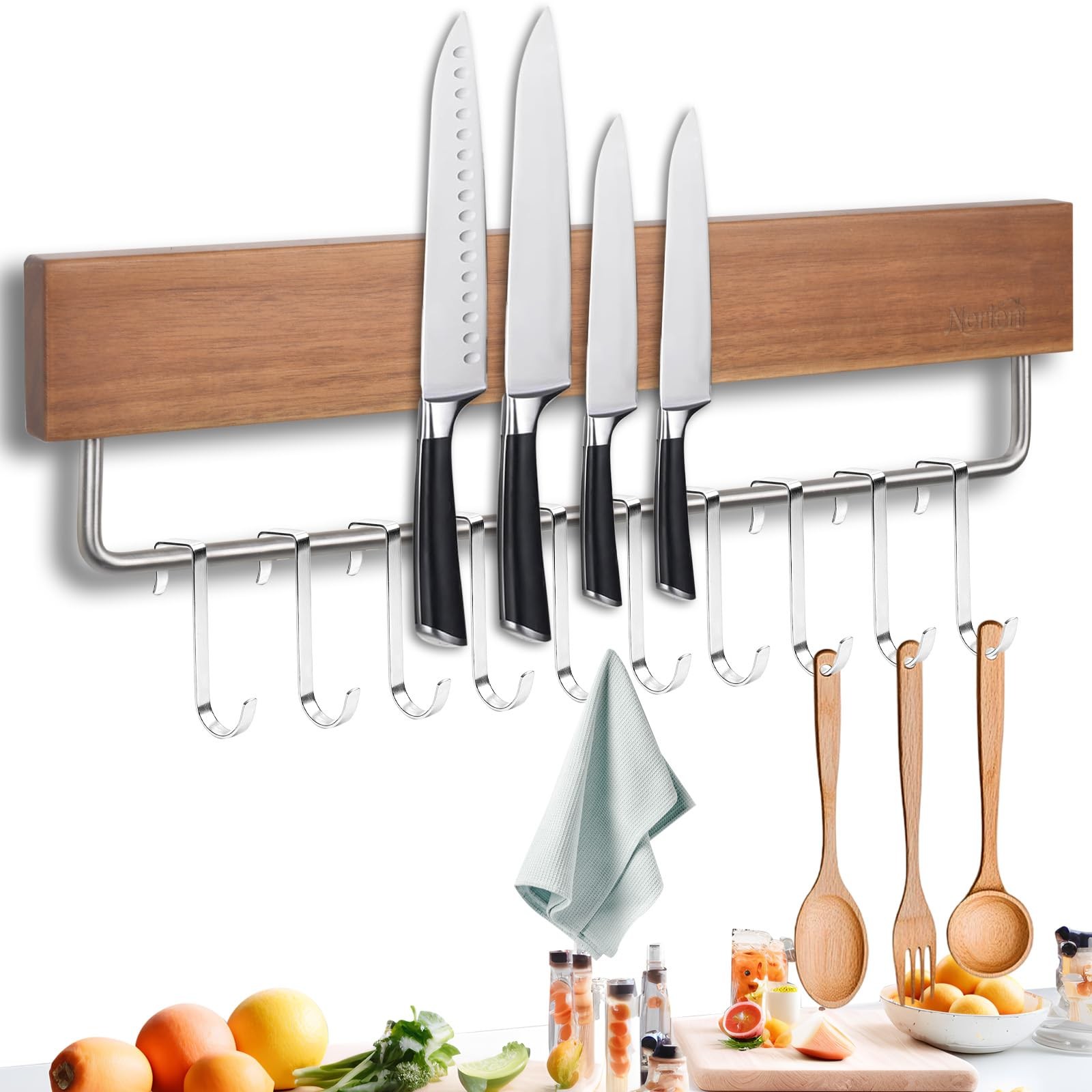 Magnetic Knife Holder Strip for Wall - 17" Acacia Wood Knife Magnetic Strip w...