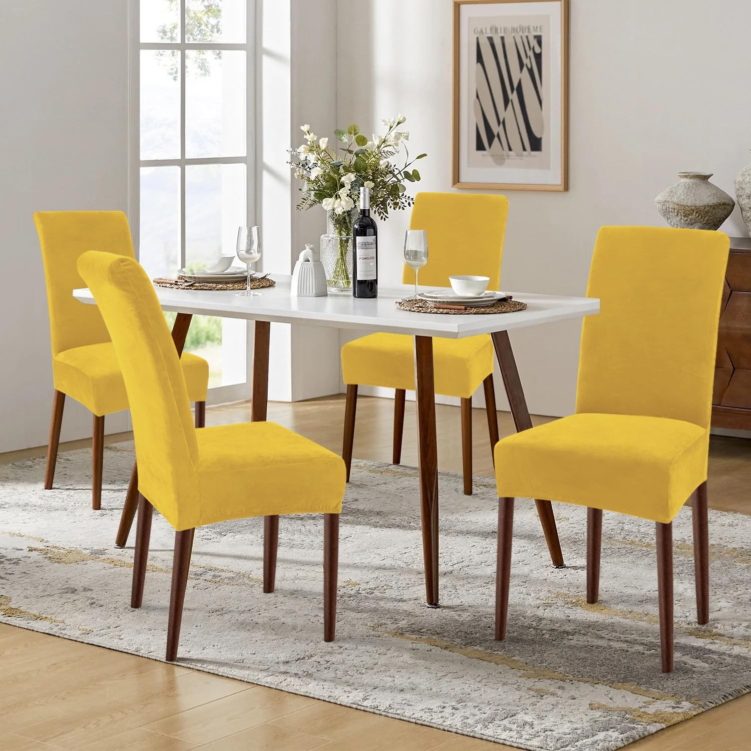 Smiry Velvet Stretch Dining Room Chair Covers Set of 4, Mustard Yellow