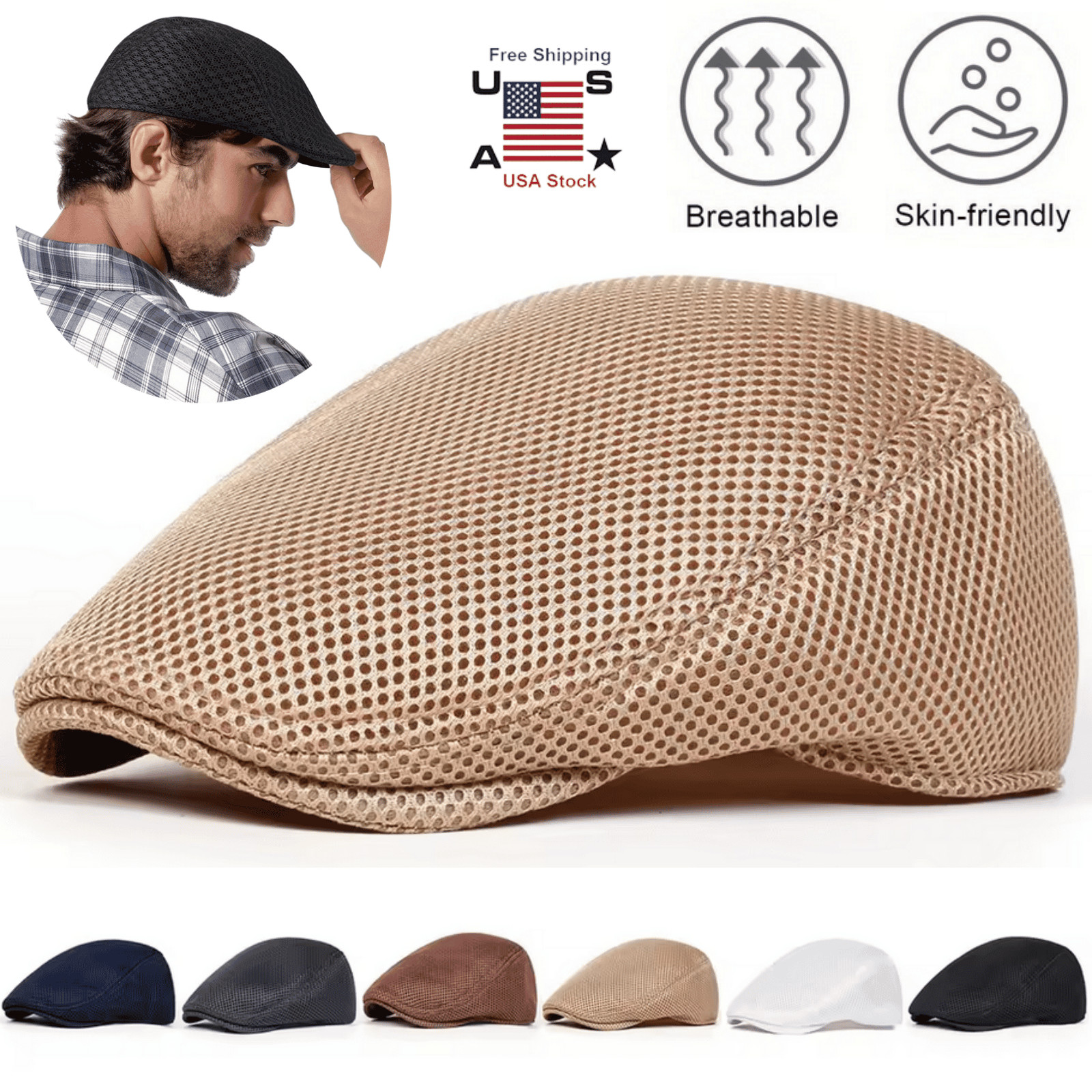 Men's Mesh Summer Hat Newsboy Beret Gatsby Cap Ivy Hat Golf Sun Flat Cabbie US