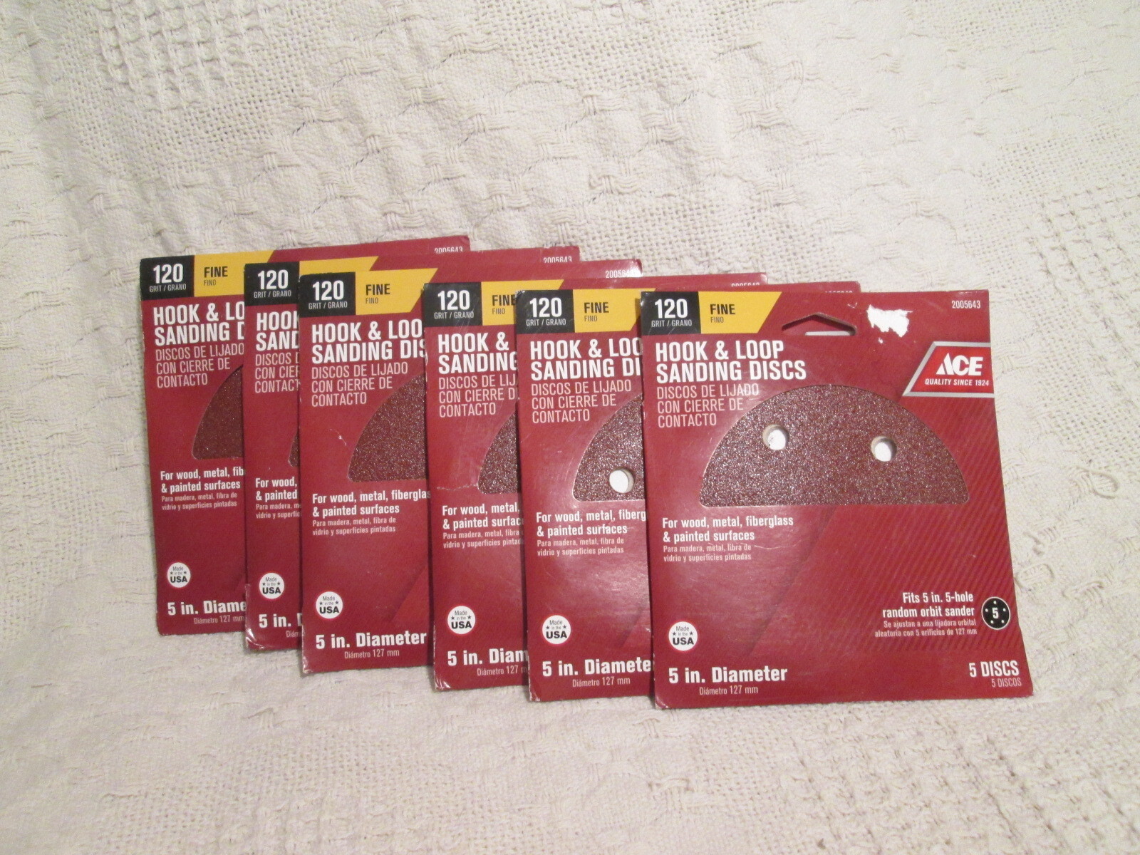 Ace 2005643 Hook & Loop 5" Sanding Discs - 120 Grit - 6 packs each with 5 pieces
