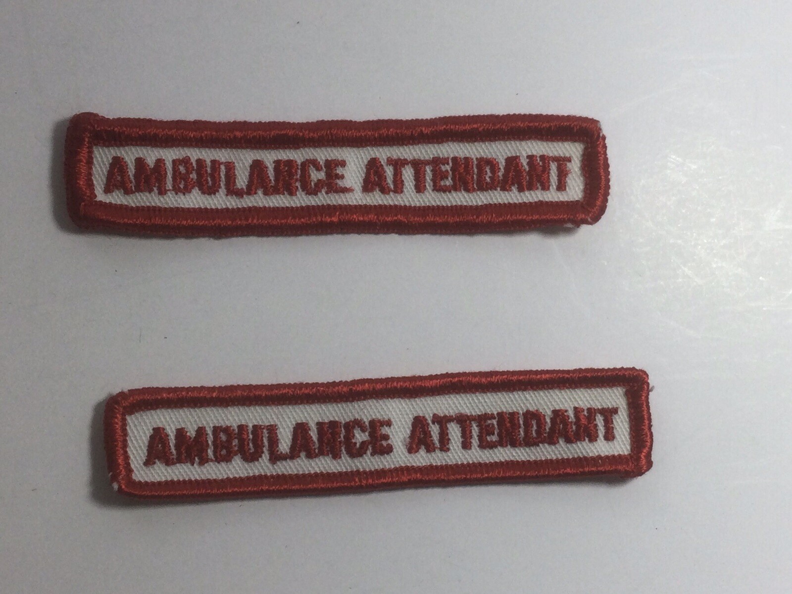 (2) "AMBULANCE ATTENDANT" Paramedic straight bar patch NOS RED and WHITE