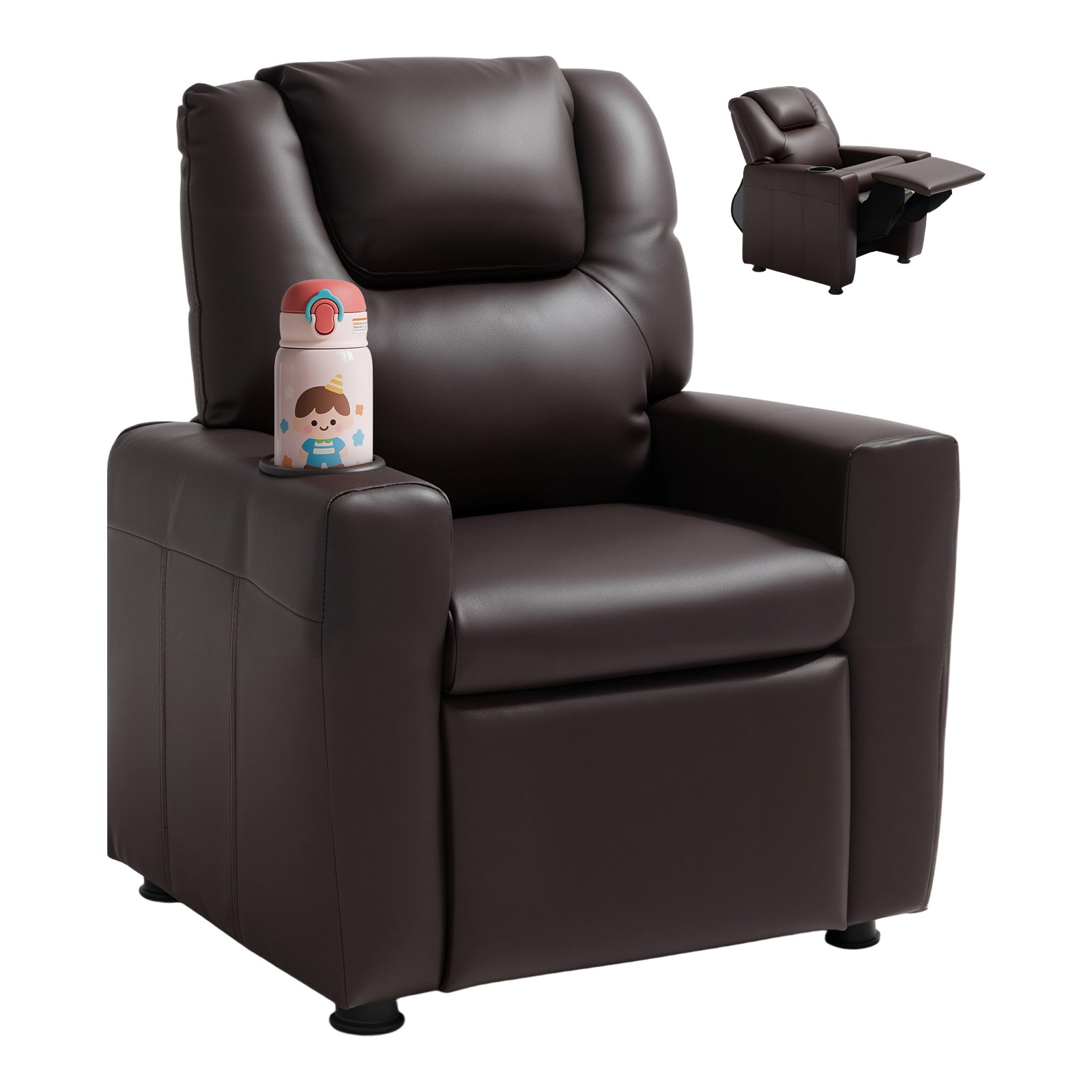 Uimoso Kids Reclining Chair PU Leather Toddler Recliner with Cup Holder (Brown)