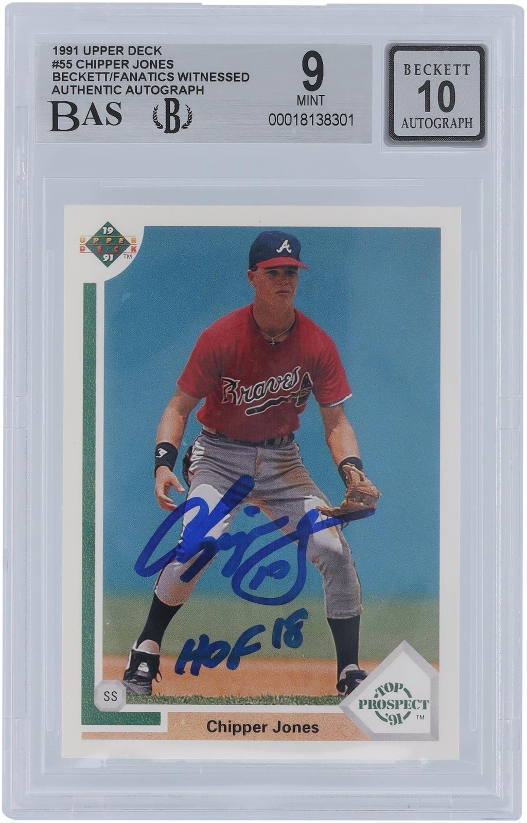 Chipper Jones Braves Signed 1991 Upper Deck #55 BAS 9/10 Rookie Card w/HOF Insc