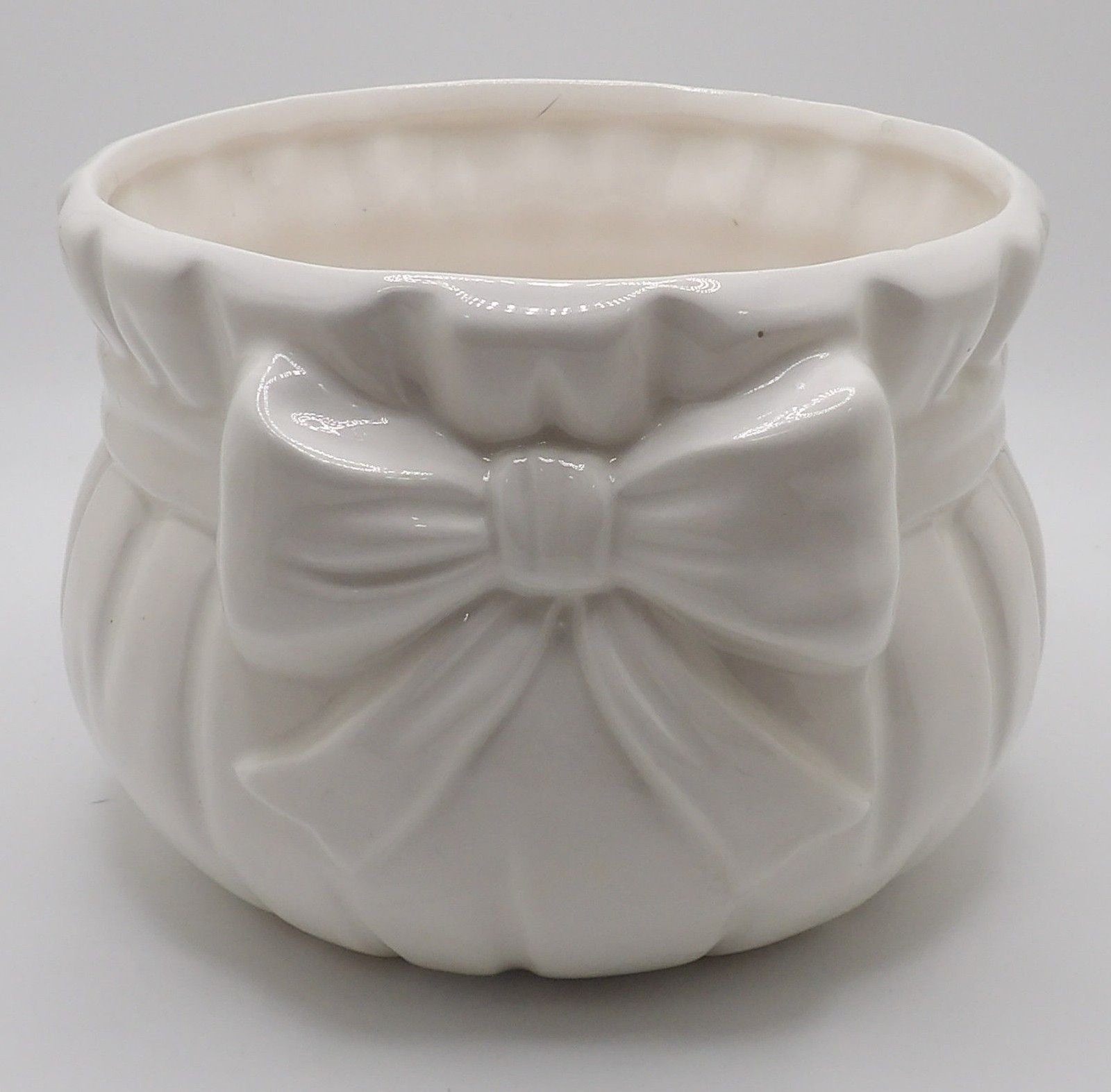 Handmade White Ceramic Sack Shaped Holiday Pot with Ribbon
