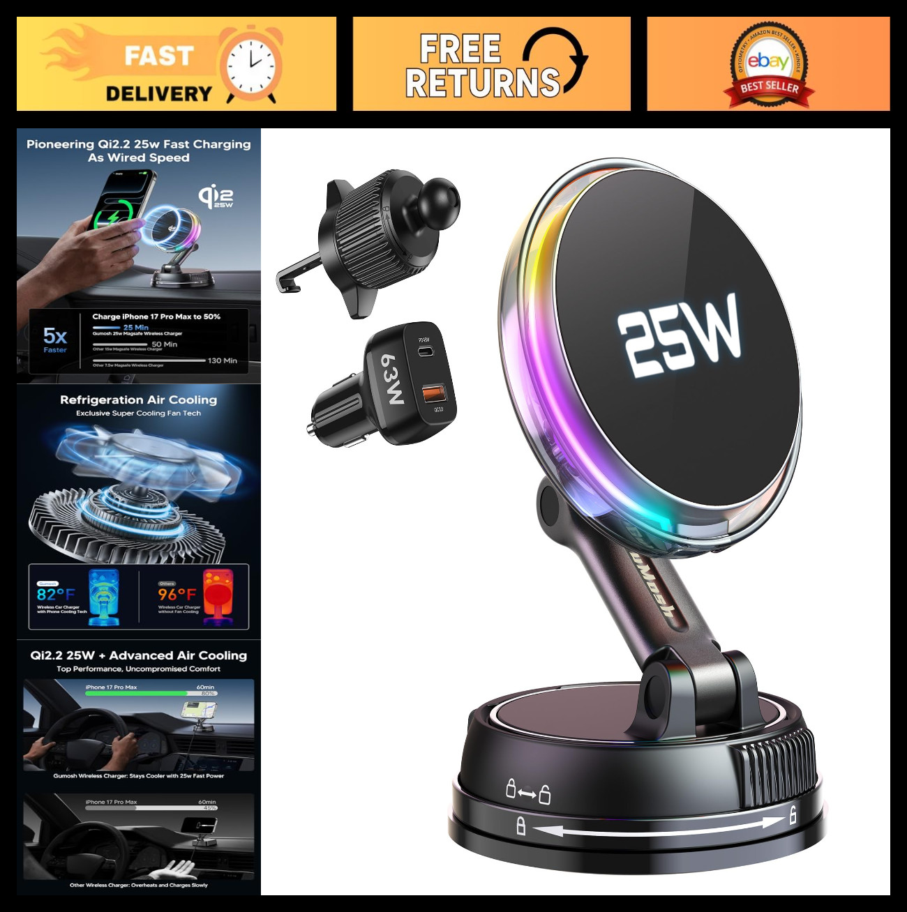 25W Wireless Car Charger with Cooling Fan & RGB Lights, 360° Rotatable Magnetic