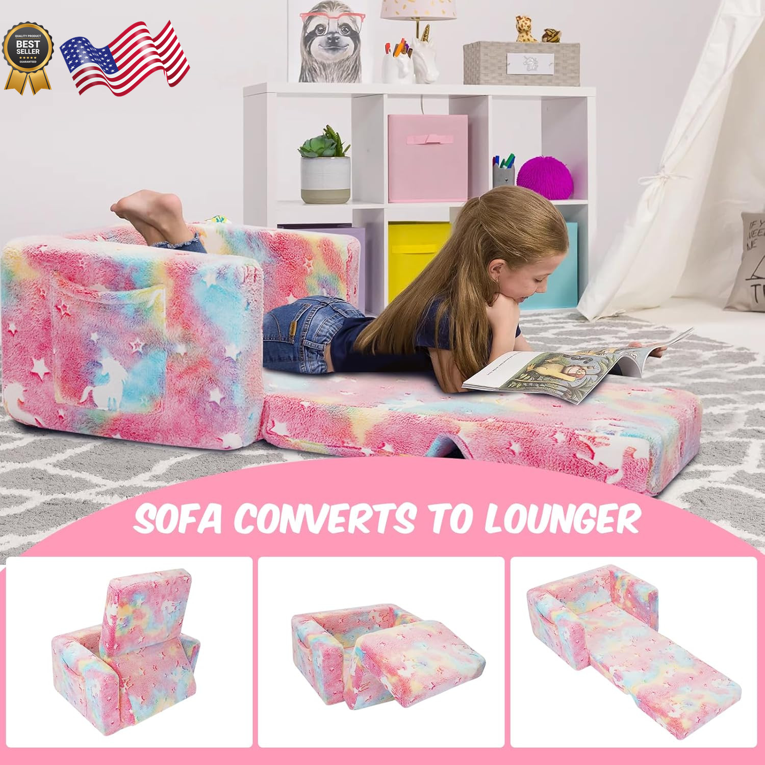 Kids Couch Toddler Chair Fold Out Kids Sofa Chair Convertible Sofa to Lounger Pu