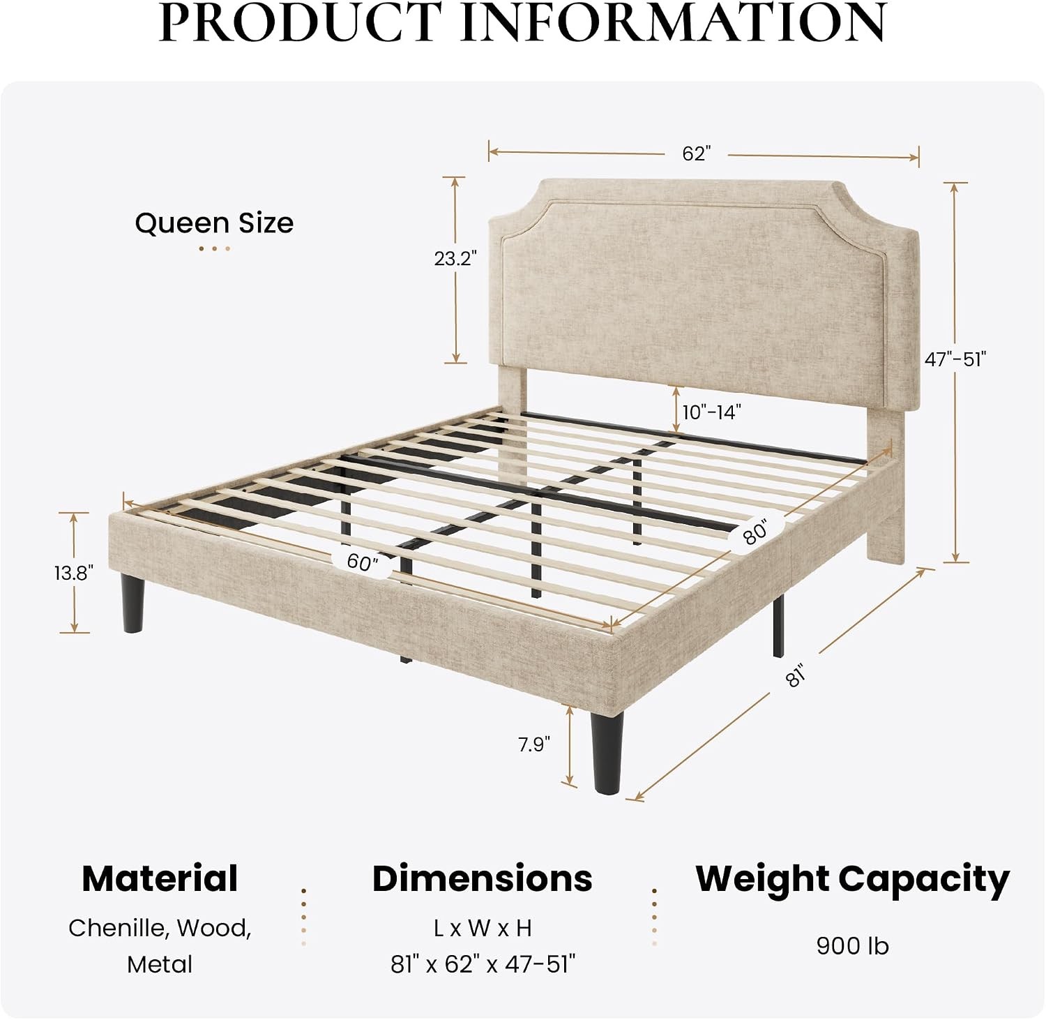 Chenille Queen Size Bed Frame with Belgrave Headboard Beige | Platform Bed with