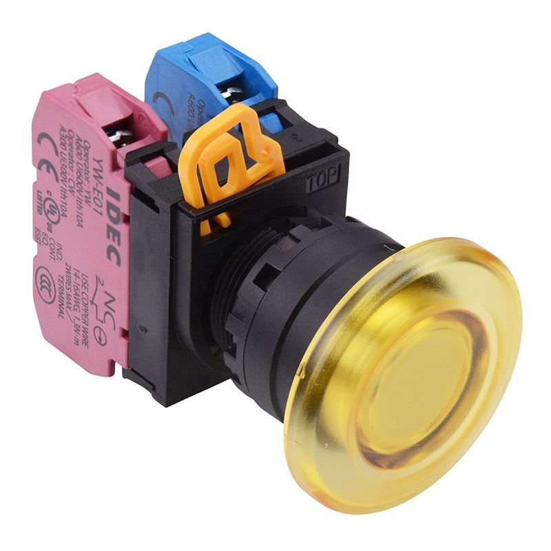 IDEC Yellow 22mm Mushroom Maintained Push Button Switch 1NO-1NC IP65