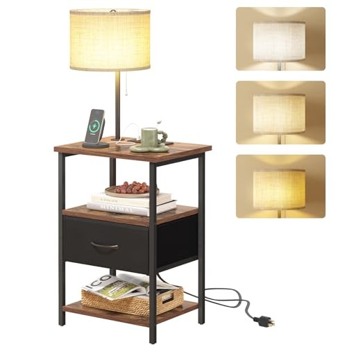 Nightstand with Lights Bedside Table with 3 Rustic Brown & Black 1-drawer