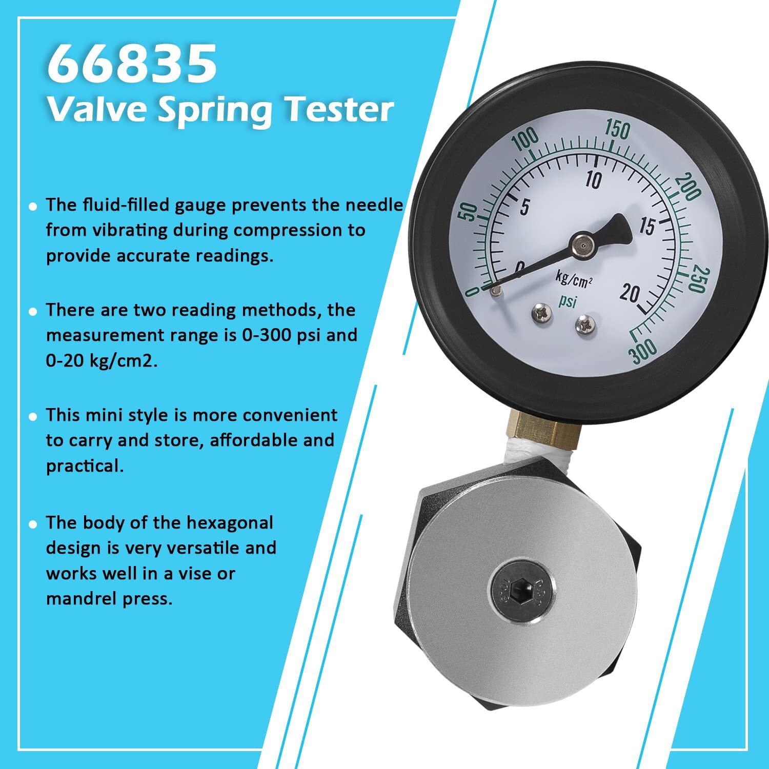 66835 Mini Valve Spring Tester Universal Range 0- 300 PSI/5LB Valve Spring