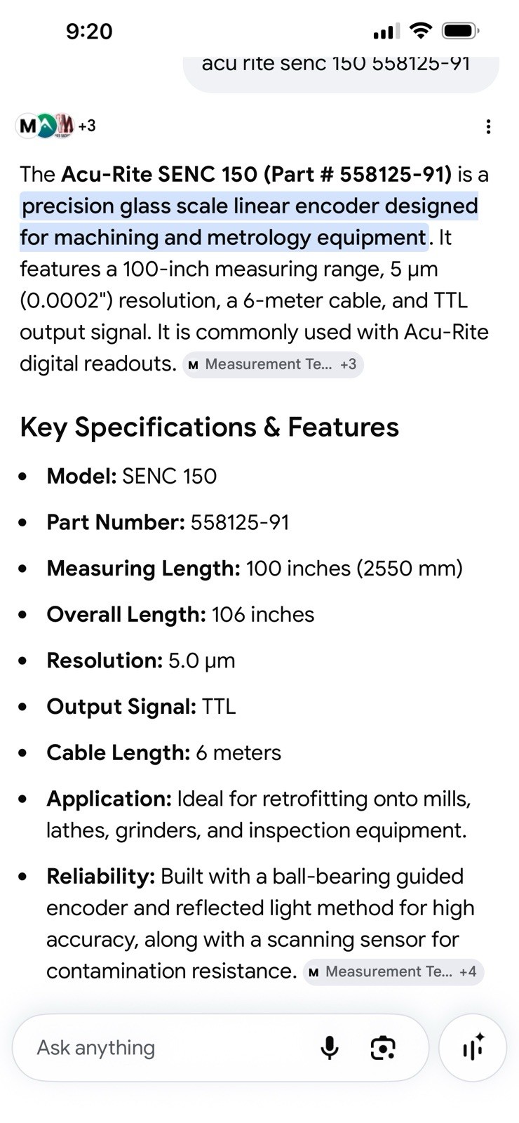 Acu-rite Linear Encoder. Senc 150. 100” Scale 558125-91. 19’ Armor
