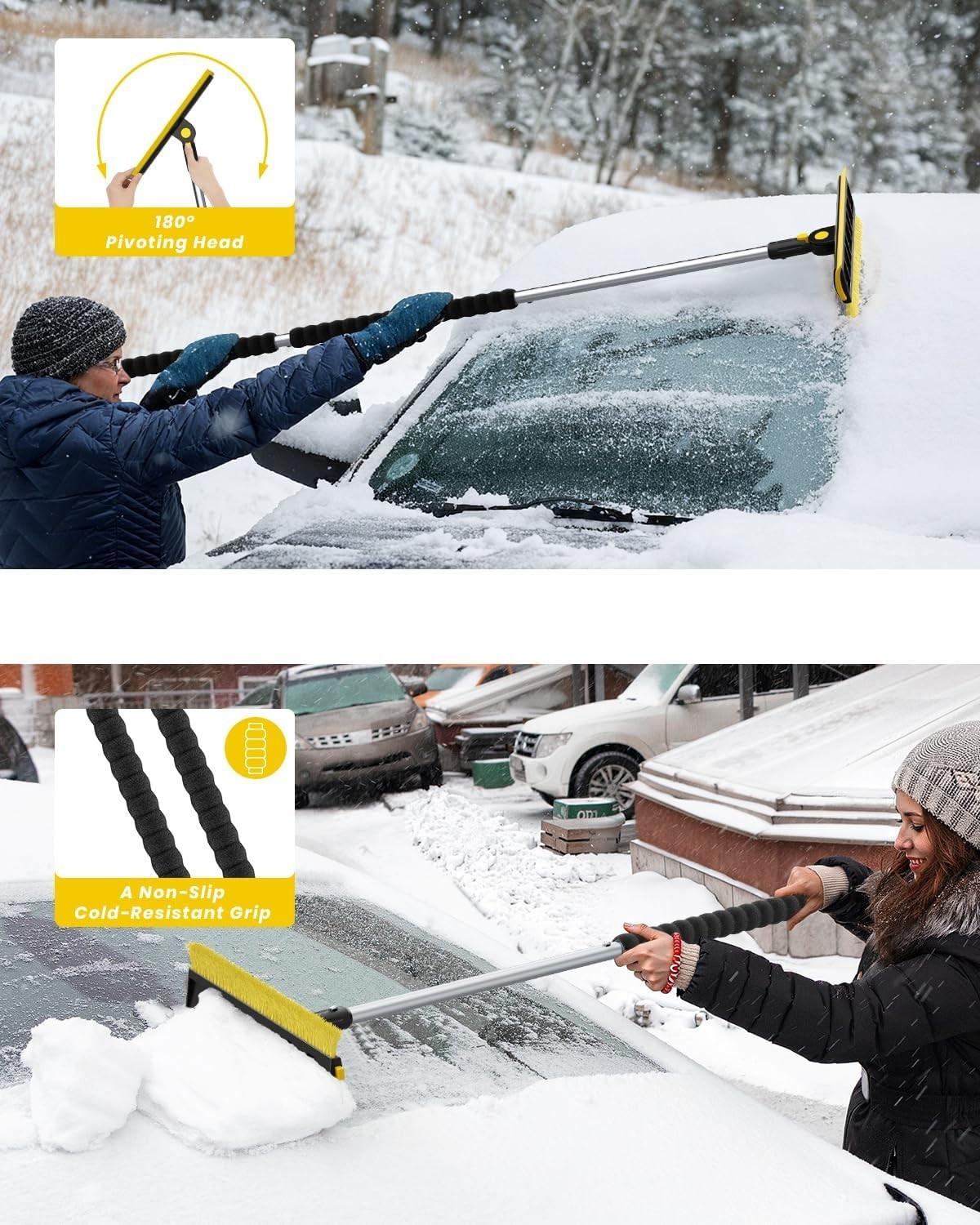 Versatile 3-in-1 Ice Scraper & Snow Brush - 55.7" Adjustable for All Vehicles