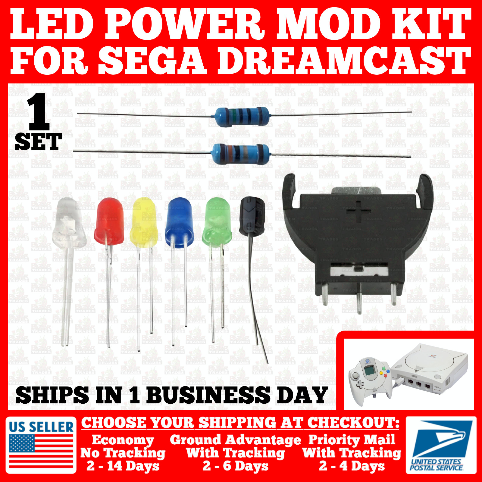 Replacement LED Power Mod Kit Battery Holder Fuse Capacitor for Sega Dreamcast