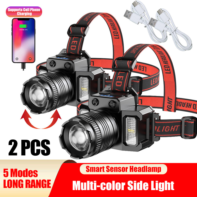 2 Pack LED Sensor Headlamp USB Rechargeable Outdoor Camping Headlight Flashlight