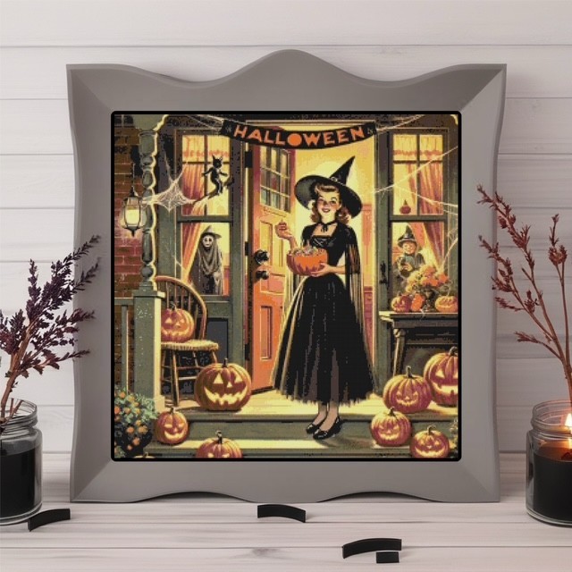 Vintage Trick-Or-Treat Witch Halloween Counted Cross-Stitch Pattern Needlepoint