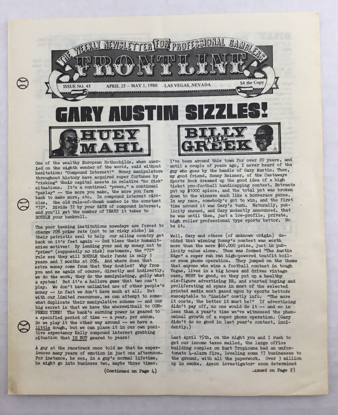 Frontline May 1980 Huey Mahl Las Vegas Newsletter Professional Gamblers Nevada