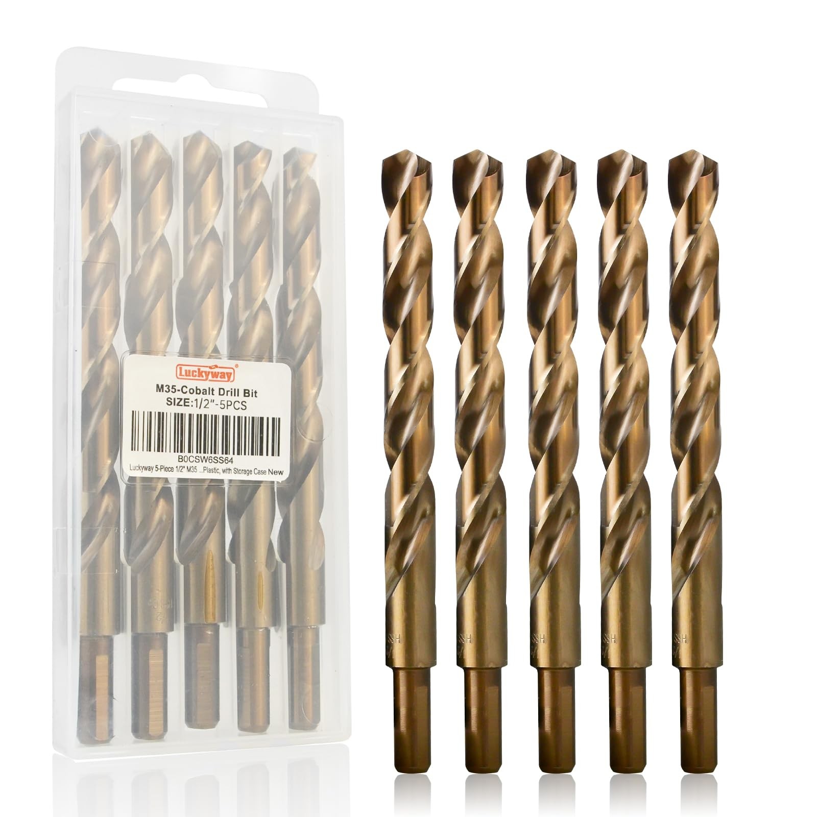 Luckyway 1/2" Cobalt Drill Bit (5 Pcs), Jobber Length Twist Drill Bit Set for Ha