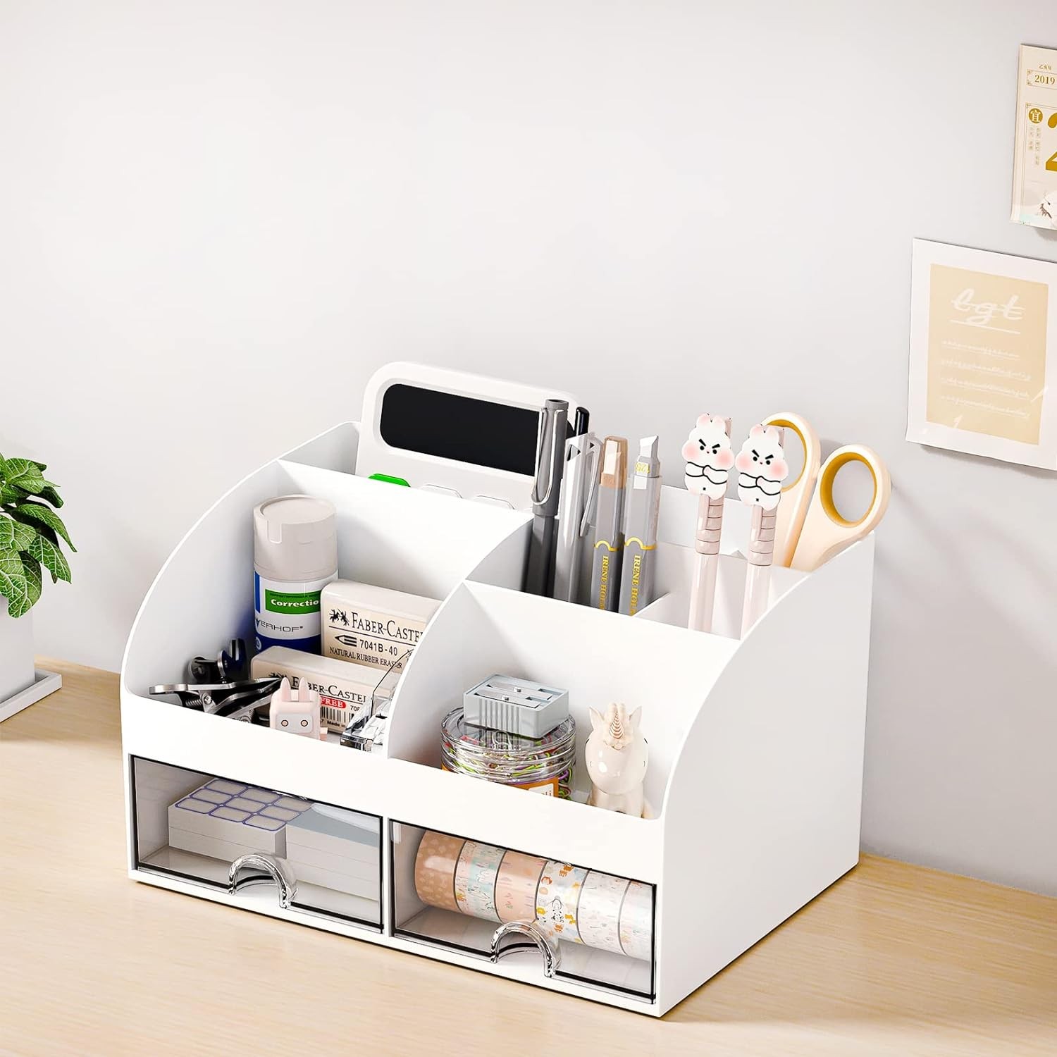 Desk Organizer with 6 Compartments and 2 Drawers, Plastic Makeup Organizer, Pen