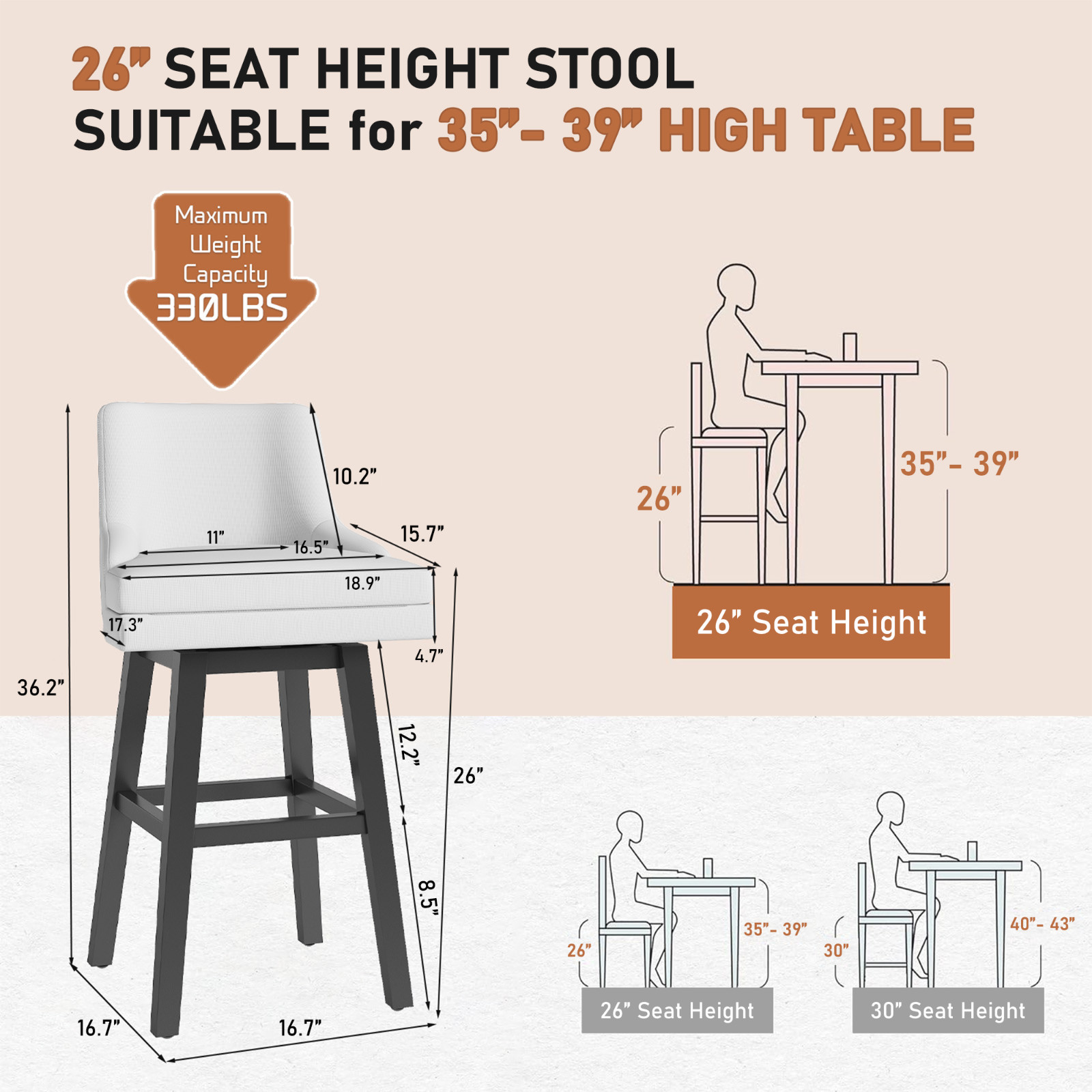 26" Swivel Bar Stools with Back Set of 2/4/6 Upholstered Bar Chairs for Kitchen