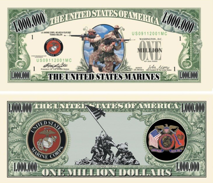 Pack of 25 USMC Marine Corps Collectible 1 Million Dollars Military Money