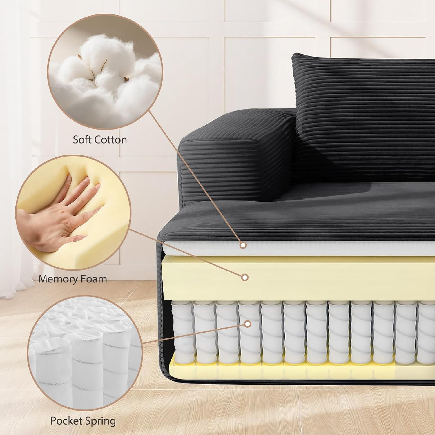 96.9 Inch Boneless L-Shaped Sectional Sofa, No Assembly Compressed Modular Couch