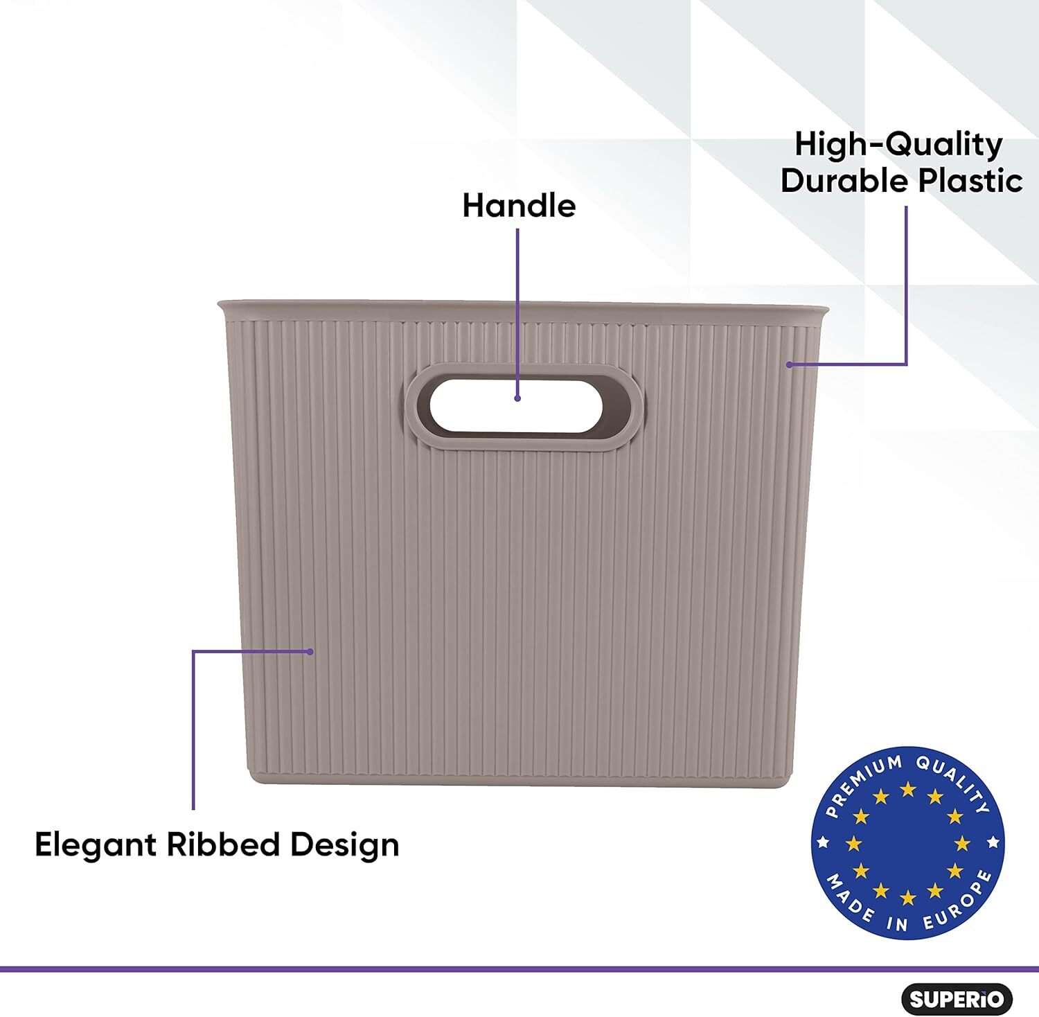 Superio 22L Large Ribbed Storage Bin- Plastic Storage Bin (2 Pack, Taupe)
