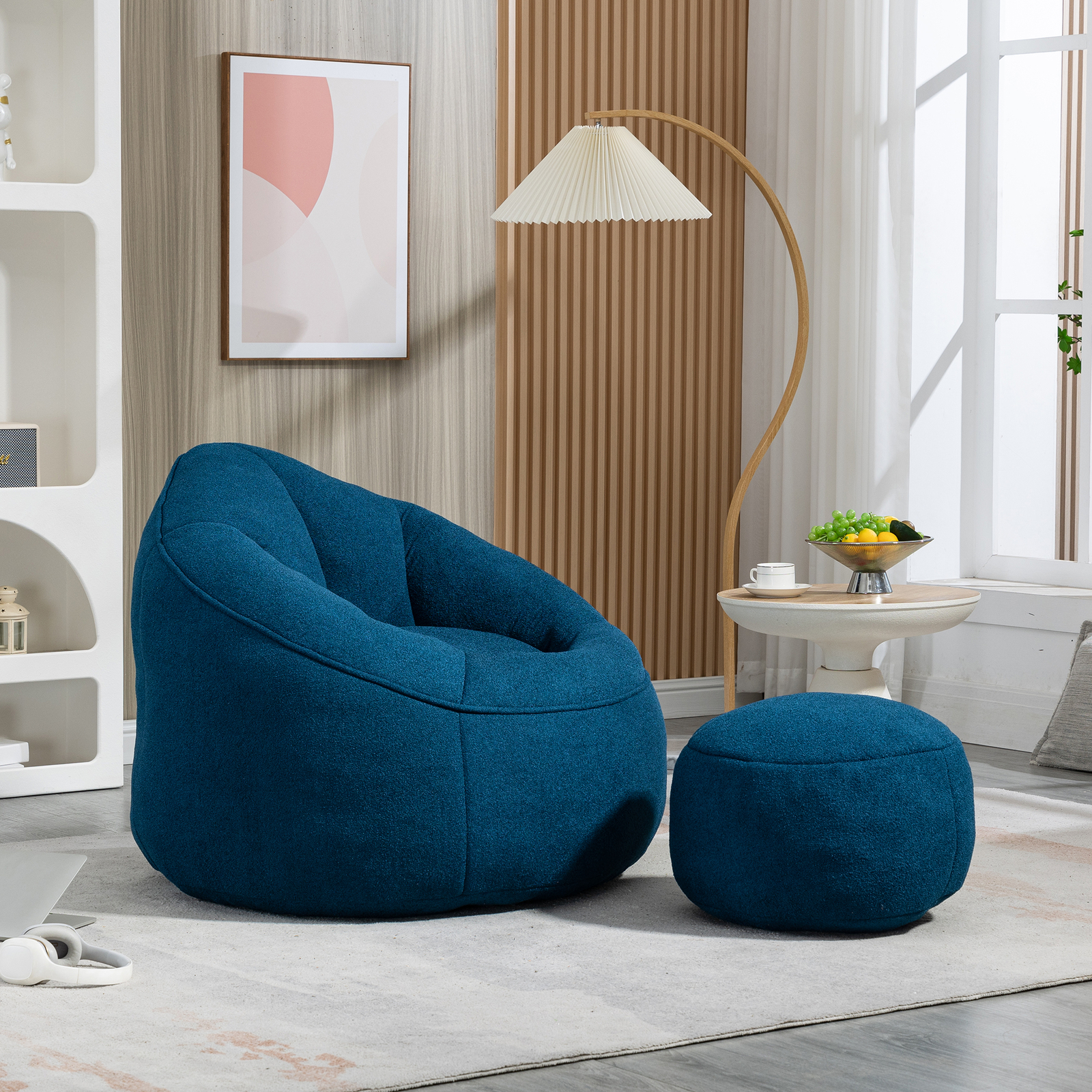 Bean Bag Sofa Chair High Pressure Foam Bean Bag Chair with Padded Footrest Blue