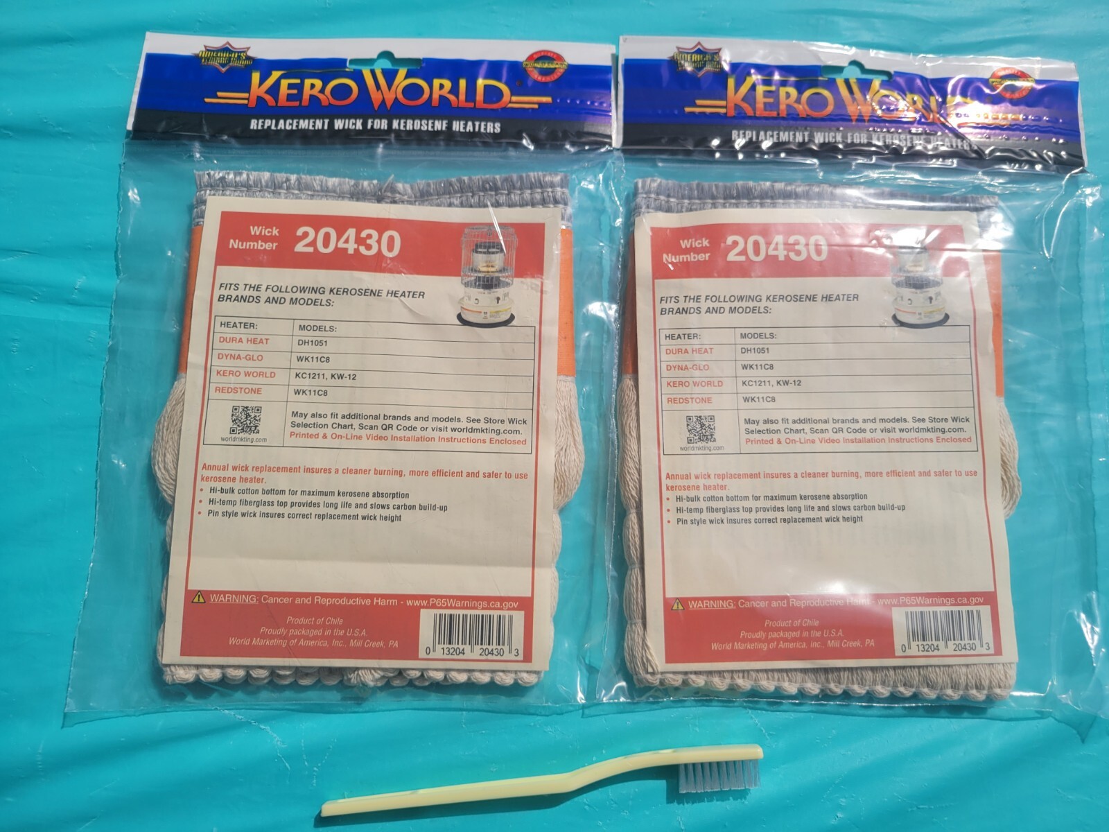 (2) DYNA GLO  WK11C8  *TWO*  KEROSENE HEATER WICKS- *WICK CLEANING BRUSH & GUIDE