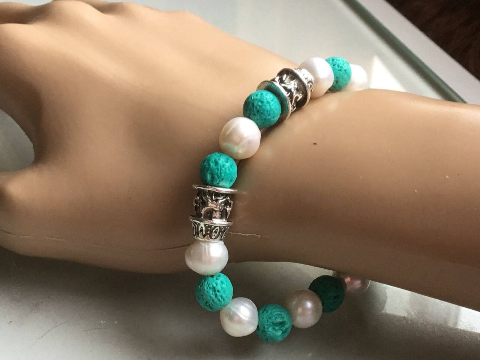 Handcrafted Lava Bead & Real Pearls Essential oil Diffuser Bracelet Handmade