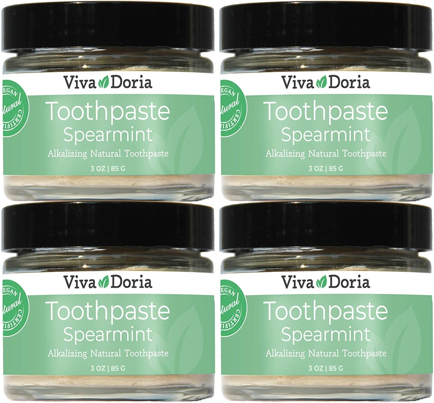 Viva Doria Natural Toothpaste, Spearmint, 3 oz glass jar (Pack of 4)