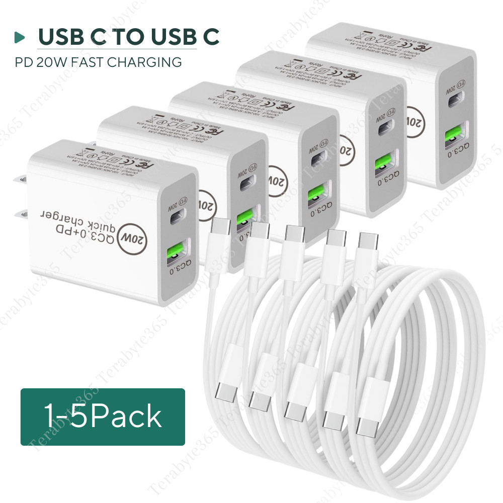 For iPhone 16 15 iPad Pro MacBook USB C 20W Fast Charger Cube PD C To C Cord Lot